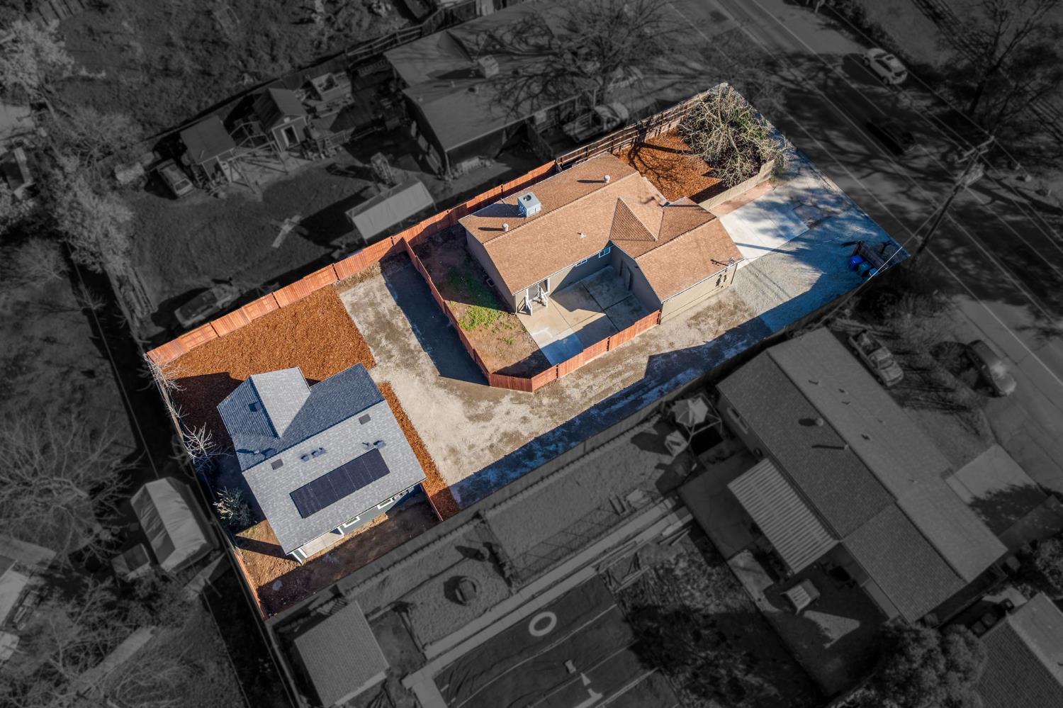 Aerial view of the Oak Avenue investment property in Orangevale showing the original home and the new rear ADU